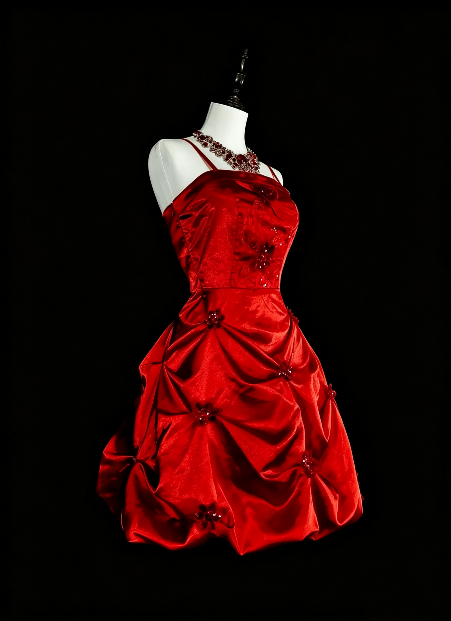 Pretty Red Satin Sequin Floral A Line Short 18th Birthday Outfits,Spaghetti Straps Mini Graduation Homecoming Dress D4043