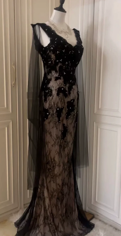 Elegant Black Lace Appliques Beaded Mermaid Evening Dress Long Birthday Prom Gown D3103