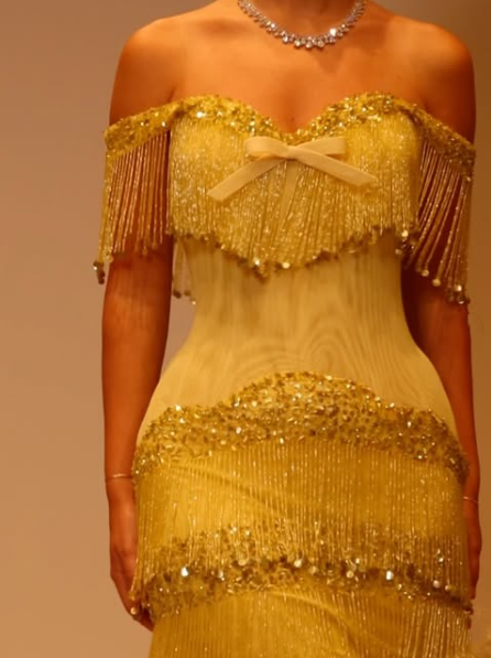 Gorgeous Off The Shoulder Satin Beaded Tassel Long Party Dress Yellow Long Birthday Evening Gowns D5242
