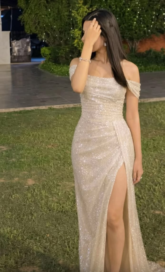 Sparkly Off The Shoulder White Sequin Slit Mermaid Long Party Dress Evening Gown D2900