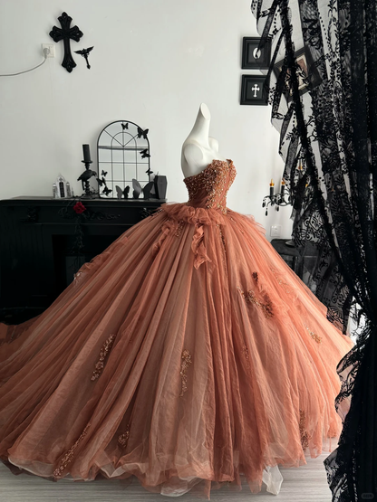 Retro Caramel Strapless Tulle Beaded Long Birthday Quinceanera Dress Sweet 16 Dress D4713