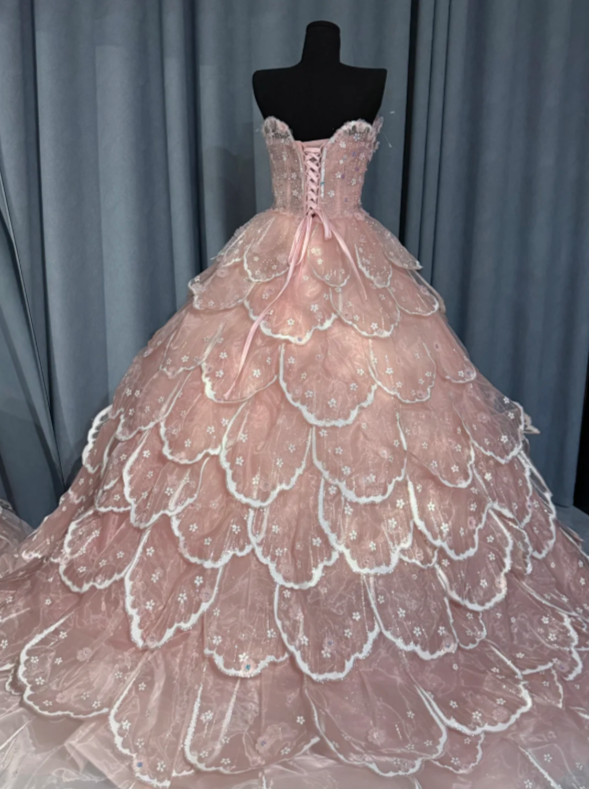 Gorgeous Pink Strapless Tulle Sequin Beaded Sweet 15 Dress Formal Quinceanera Dress D2470