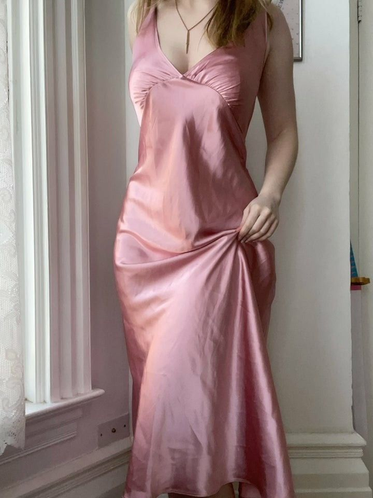 Elegant Pink V Neck Satin Mermaid Long Wedding Guest Dress Formal Bridesmaid Dress D909