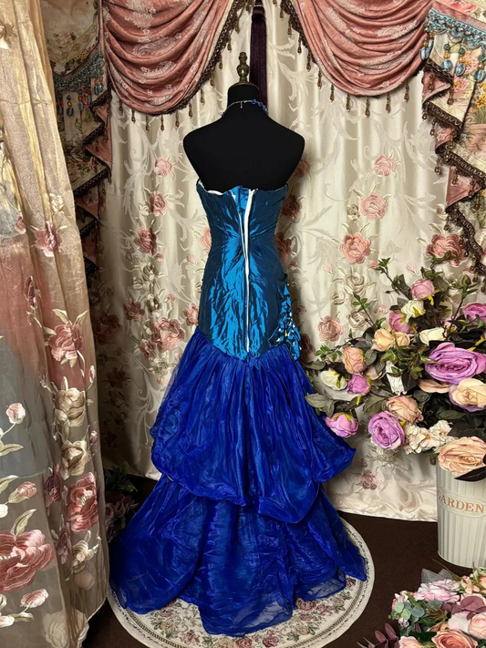 Retro Strapless Satin Tulle Mermaid Evening Dress,Blue Long Party Dress Prom Gown With Flowers D2011