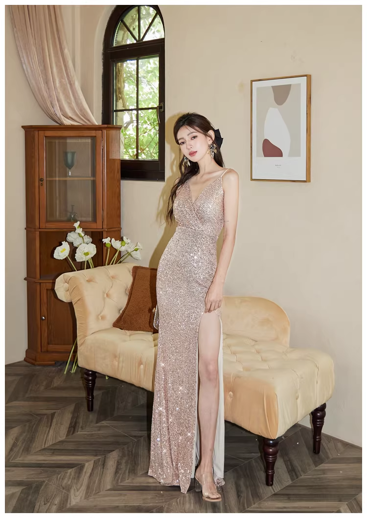 Sparkly Spaghetti Straps Champagne Gold Sequin Slit Mermaid Long Prom Dress Evening Gown D2432