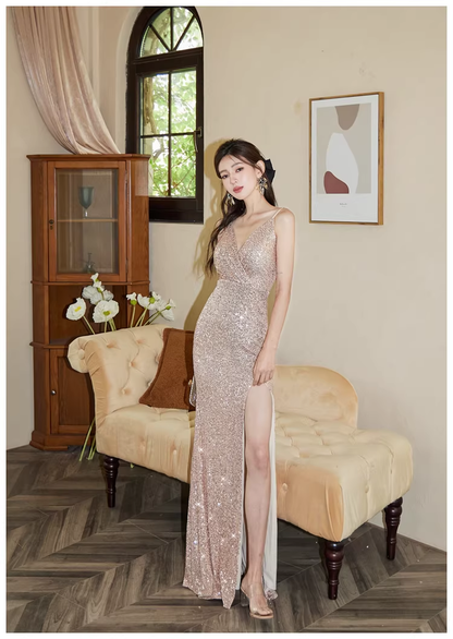 Sparkly Spaghetti Straps Champagne Gold Sequin Slit Mermaid Long Prom Dress Evening Gown D2432