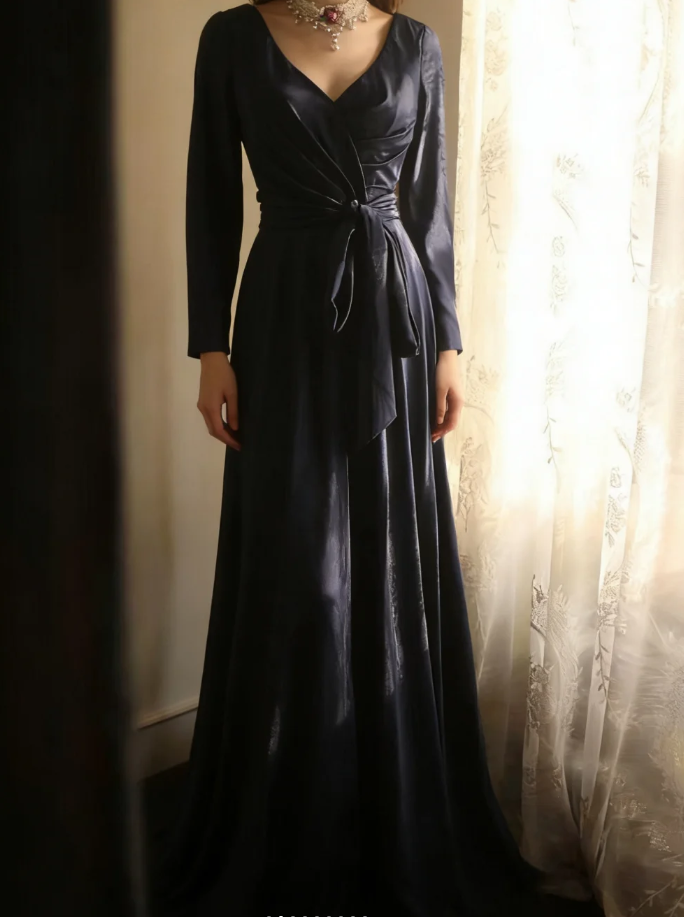 Elegant V Neck Navy Blue Satin Mermaid Long Wedding Guest Dress Formal Birthday Evening Dress D2204