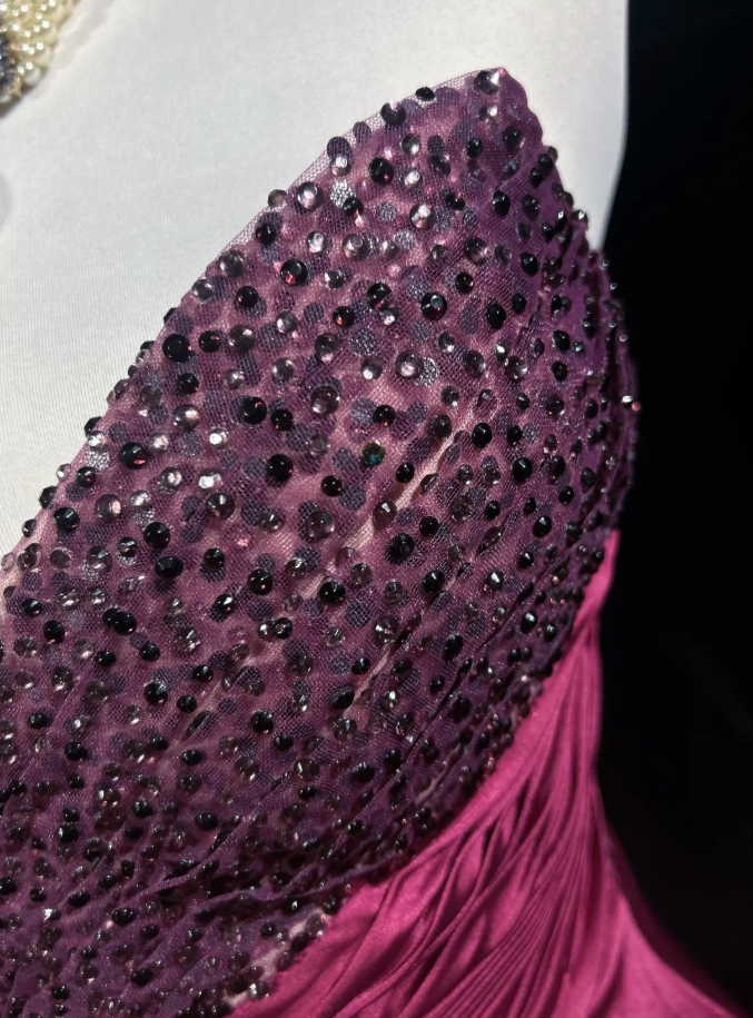 Elegant Strapless Hot Pink Satin Beaded Mermaid Long Wedding Guest Dress Formal Evening Dress D2058