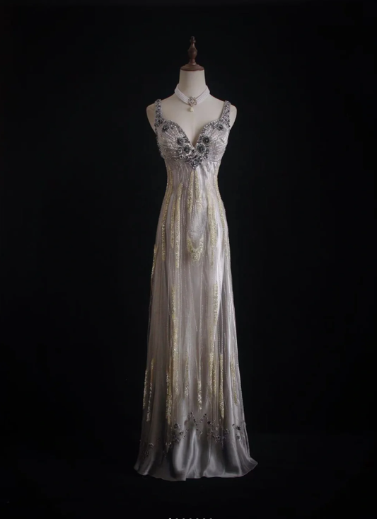 Glitter Silver Satin Sequin Beaded Mermaid Long Party Dress Formal Birthday Evening Dress D2002