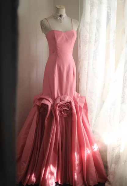Elegant Spaghetti Straps Pink Satin Pleated Floral Mermaid Long Party Dress Birthday Evening Gown D2210