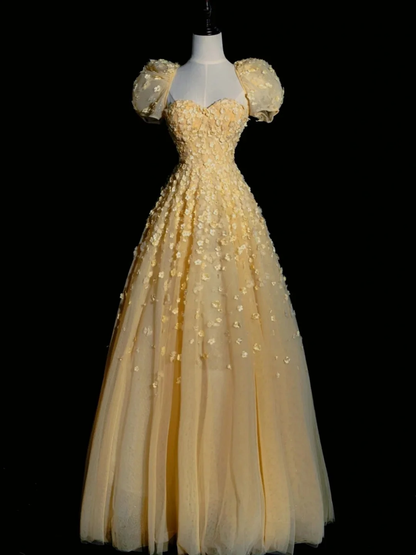 Princess Ball Gown Sweetheart Yellow Tulle Floral Long Prom Dresses Party Dress D4526