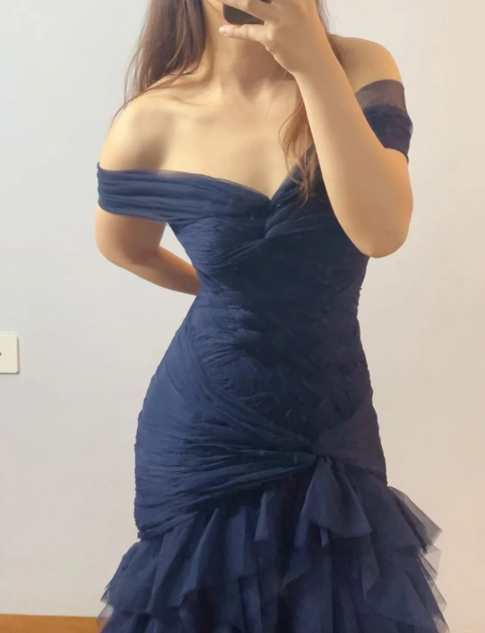 Elegant Navy Blue Tulle Pleated Layered Mermaid Evening Dress Off The Shoulder Long Weding Guest Dress Prom Gown D2029