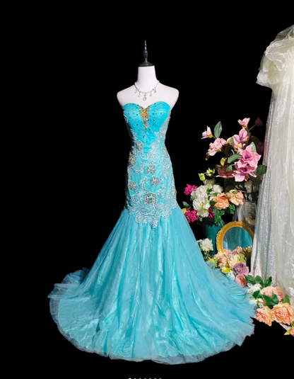 Charming Strapless Blue Tulle Appliques Beaded Mermaid Party Dress Long Birthday Evening Gown D2373