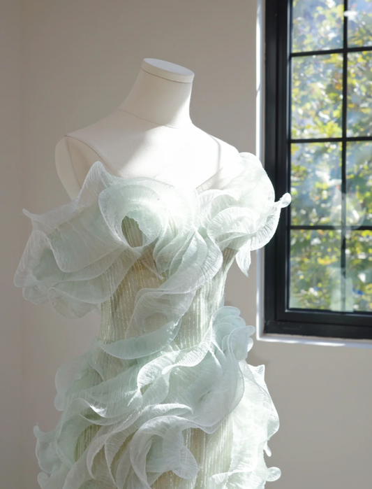 Chic Mint Green Strapless Sequin 3D Tulle Ruffles Mermaid Long Evening Dress Party Gown D2154