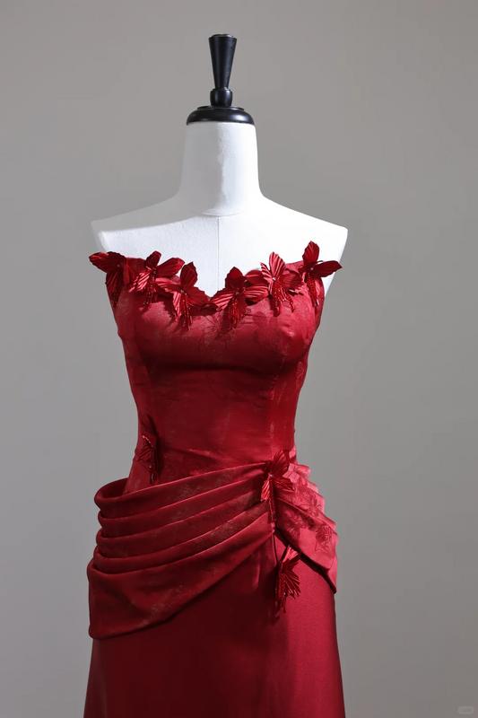Fashion Strapless Satin Mermaid Long Wedding Guest Dress,Red Evening Dress D3126