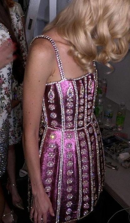Gorgeous Spaghetti Straps Pink Sequin Beaded Cocktail Dress Short 8th Grade Homecoming Dress D443