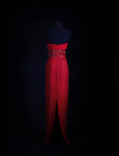 Pretty Red Halter Chiffon Beaded Sheath Long Prom Dress Birthday Evening Dress D2256