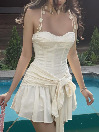 Classy Halter Off White Satin Chiffon A Line Short Homecoming Dress Cocktail Dress D3030