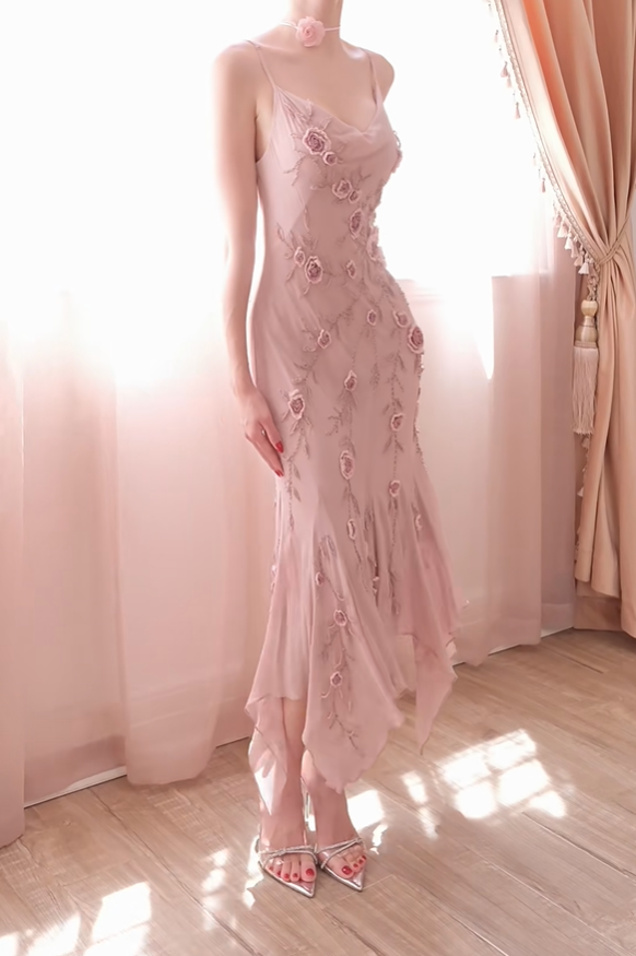 Classy Pink Spaghetti Straps Chiffon Floral Mermaid Long Party Dress Prom Dress D2741