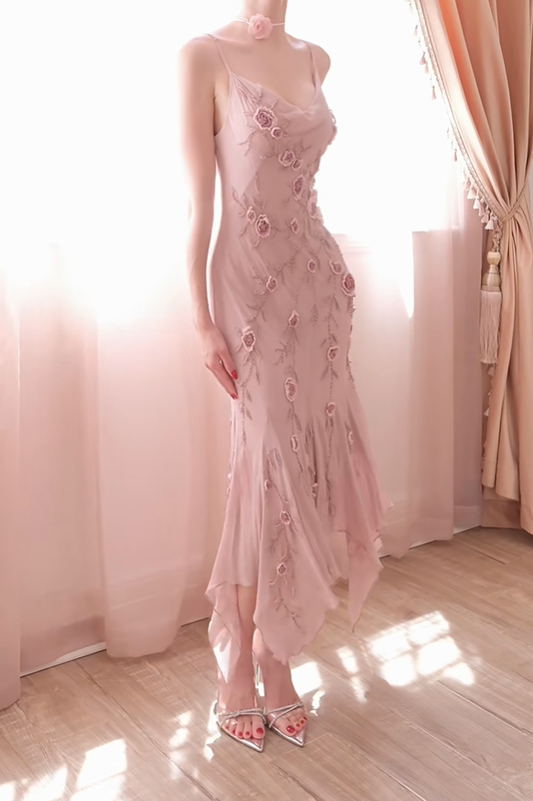 Classy Pink Spaghetti Straps Chiffon Floral Mermaid Long Party Dress Prom Dress D2741