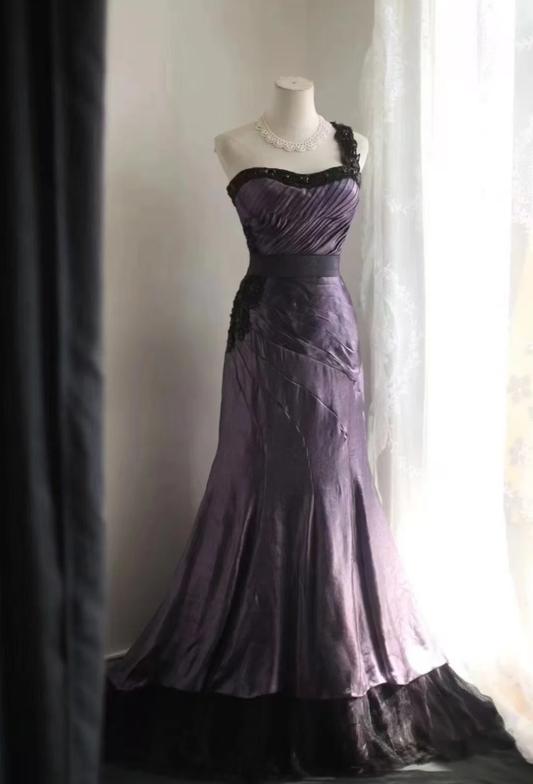 Unique One Shoulder Purple Satin Pleated Tulle Appliques Long Party Dress Birthday Prom Dress D2321