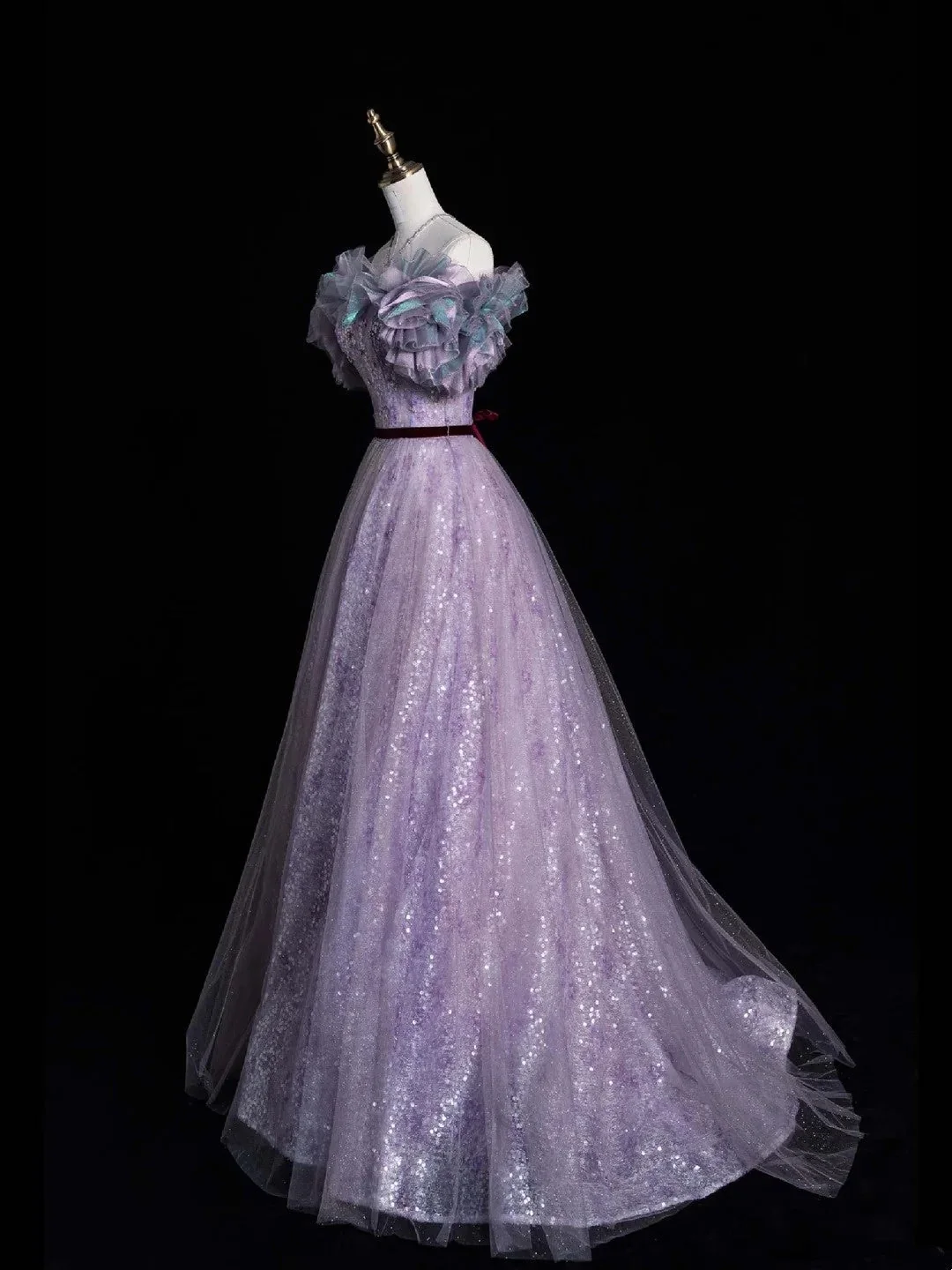 Charming Ball Gown Off The Shoulder Lilac Sequin Tulle Long Prom Dresses Evening Dress D4844