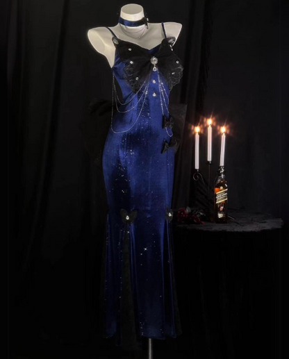 Retro Sheath Spaghetti Straps Royal Blue Long Party Dress Prom Dresses SD1380