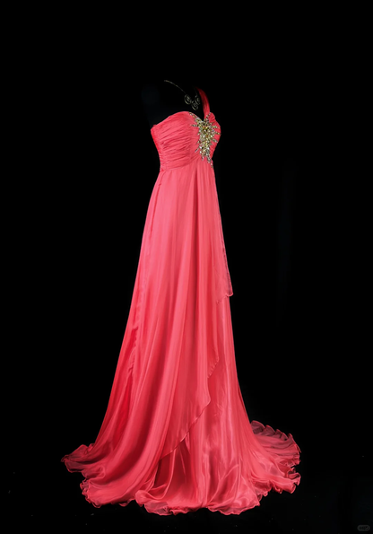 Elegant One Shouder Rose Pink Chiffon Beaded Long Party Dress Evening Dress D2509