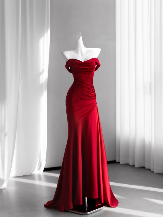 Classy Red Satin Pleated Mermaid Long Evening Dress Off The Shoulder Wedding Guest Dress D2468