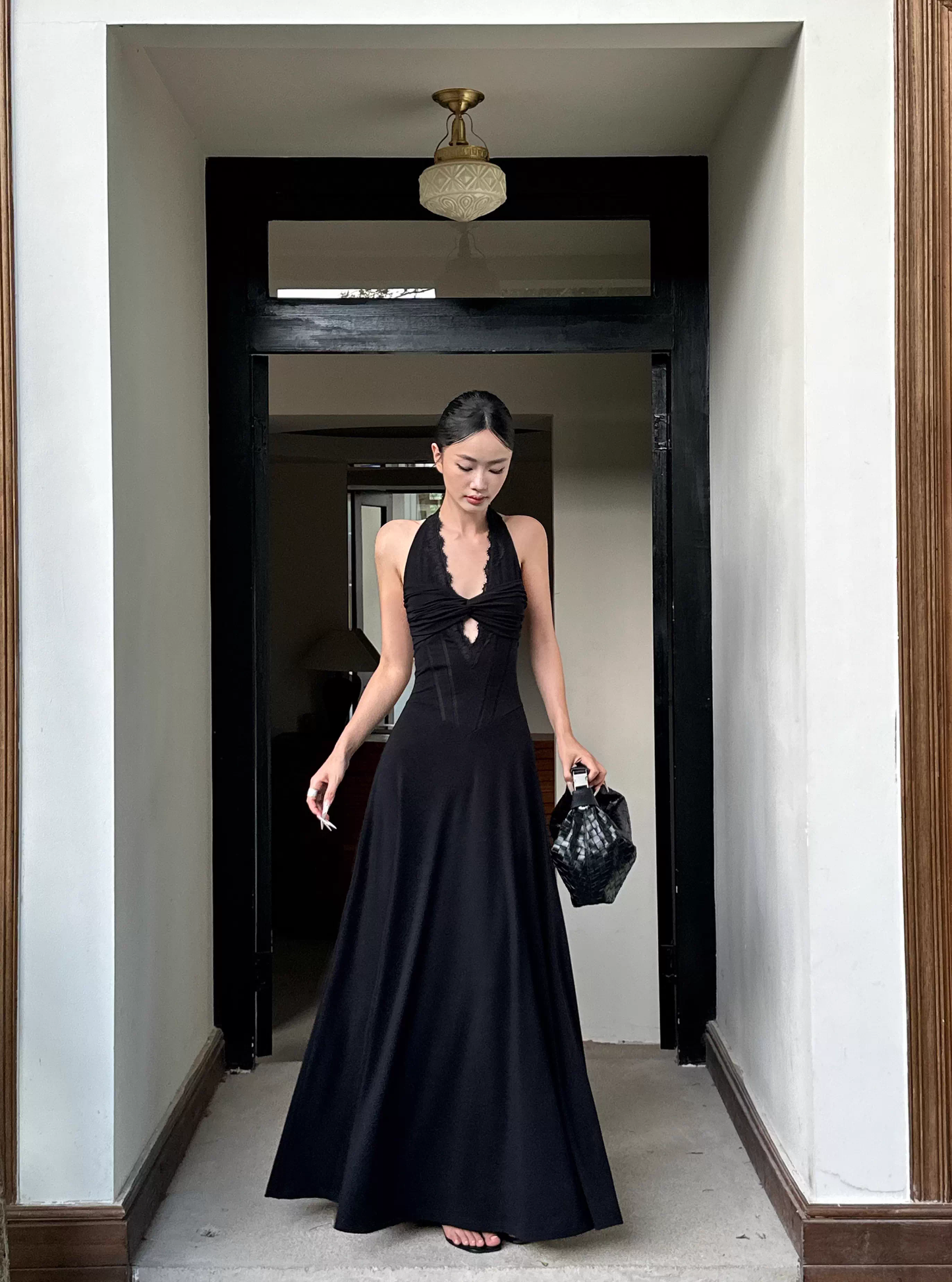 Sexy Black Halter Satin A Line Long Birthday Party Dress Evening Dress Formal Wedding Guest Dress D2079