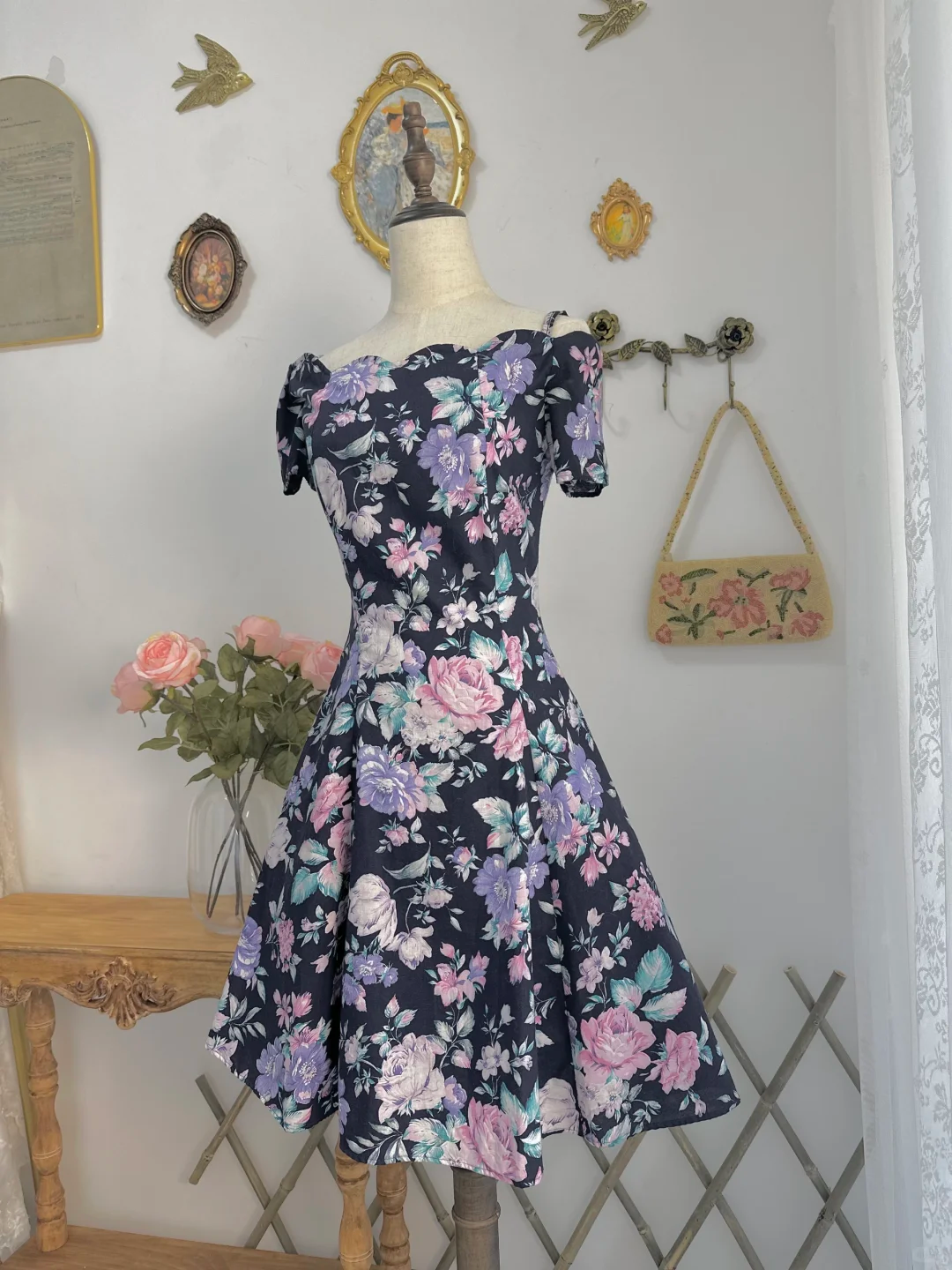 Vintage Satin Print Floral A Line Off The Shoulder Homecoming Dress Short Prom Dress D528