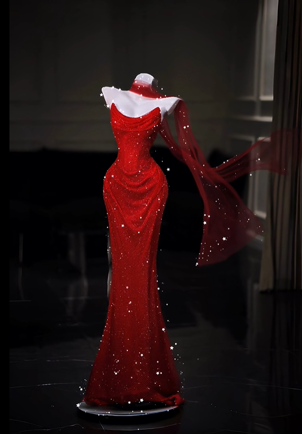 Charming Strapless Red Tulle Sequin Mermaid Long Evening Dress Prom Dresses D5212