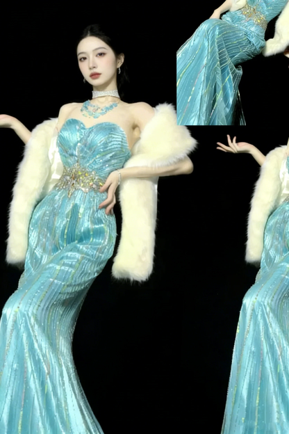 Gorgeous Sweetheart Neck Satin Tulle Beaded Long Prom Gown Blue Mermaid Long Evening Dress D4895