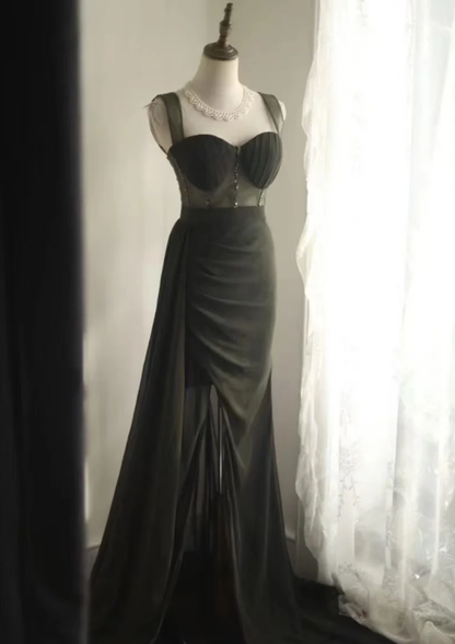 Vintage Green Spaghetti Straps Satin Beaded Mermaid Slit Long Evening Dress Party Gown D2202