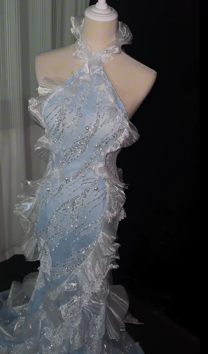 Glamorous Halter Satin Beaded Tulle Ruffles Mermaid Evening Dress Light Blue Backless Party Dress D5166