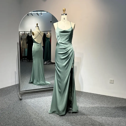 Classy Backless Mermaid Slit Long Bridesmiad Dress Pale Green Wedding Guest Dress D2028