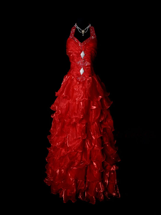Gorgeous Red Halter V Neck Beaded Organza Pleated Layered Mermaid Long Evening Dress Prom Dress D1881