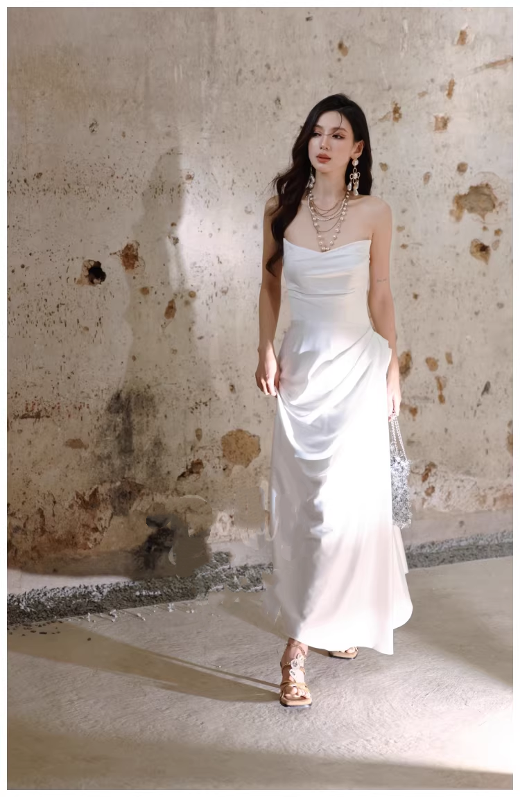 Charming Strapless Satin Pleated Mermaid Long Evening Dress White 19th Birthday Outfits D2410