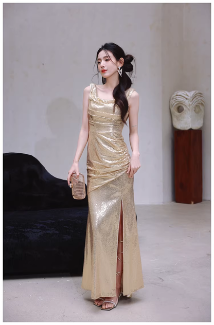 Fashion Gold Sleeveless Sequin Slit Mermaid Long Evening Dress Formal Wedding Guest Dress D2437