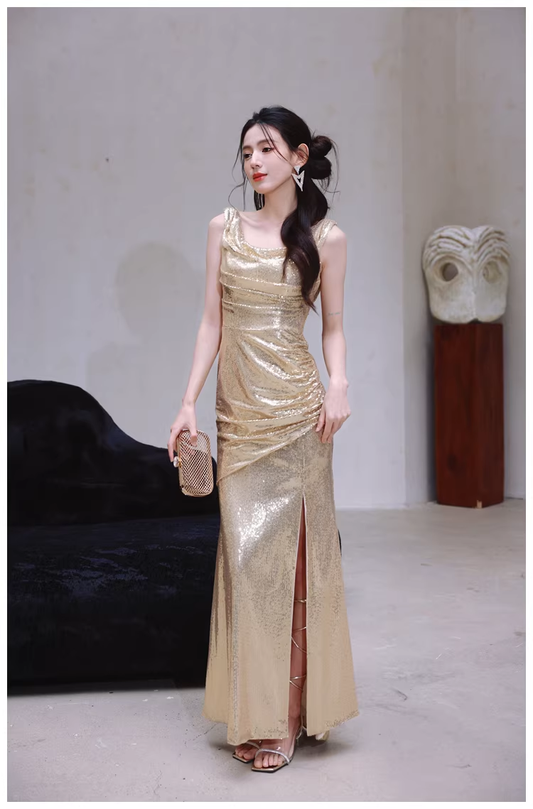 Fashion Gold Sleeveless Sequin Slit Mermaid Long Evening Dress Formal Wedding Guest Dress D2437