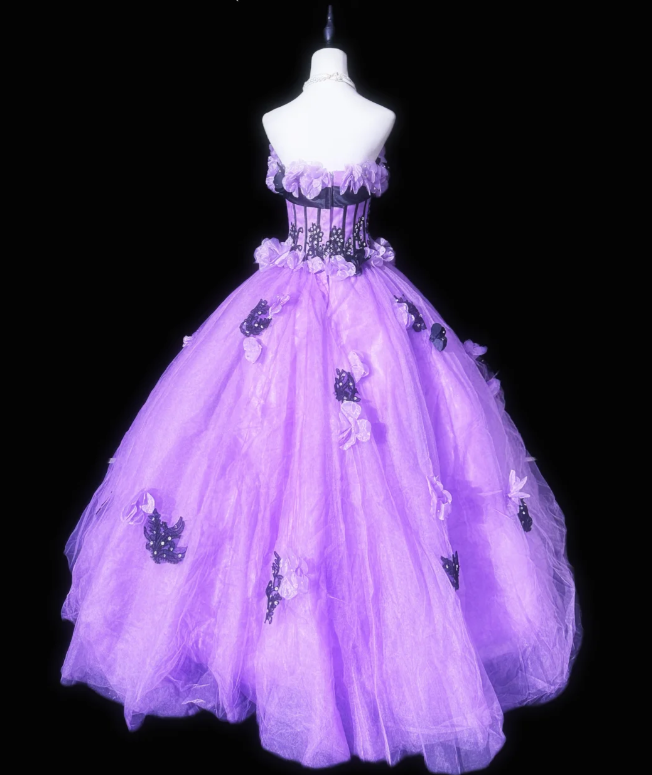 Pretty Purple Strapless Tulle 3D Flowers Beaded Ball Gown Quinceanera Dress D938