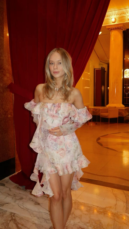Elegant Chiffon Print Floral Ruffle Short 20th Birthday Outfit Off The Shoulder Mini Homecoming Dress D4650