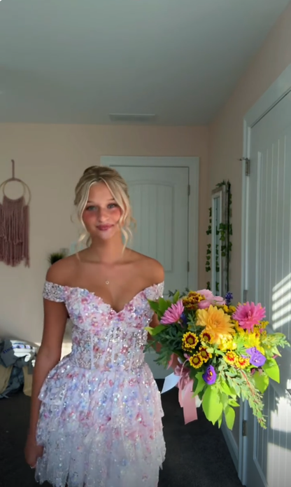 Sparkly Off The Shoulder Tulle Sequin Layered Short Party Dress,White A Line Short 8th Grade Homecoming Dress D4010