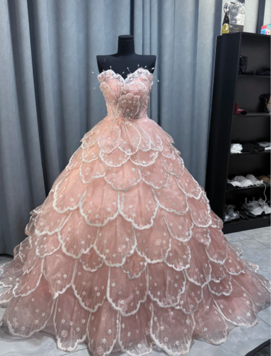 Gorgeous Pink Strapless Tulle Sequin Beaded Sweet 15 Dress Formal Quinceanera Dress D2470