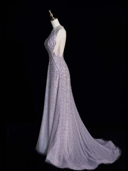 Shiny Halter Sleeveless Tulle Sequin Beaded Mermaid Evening Dress Lilac Long Party Dress D4855