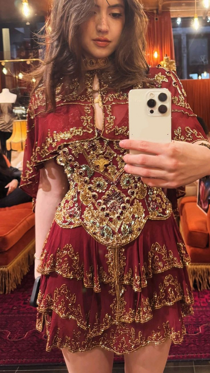 Retro Burgundy Chiffon Sequin A Line Short Graduation Homecoming Dress Cocktail Dress D3294