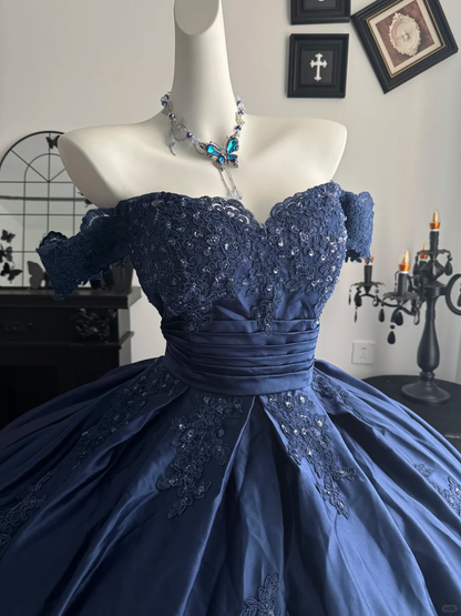 Vintage Off The Shoulder Quinceanera Dress,Navy Blue Satin Appliques Sweet 16 Dress D3705