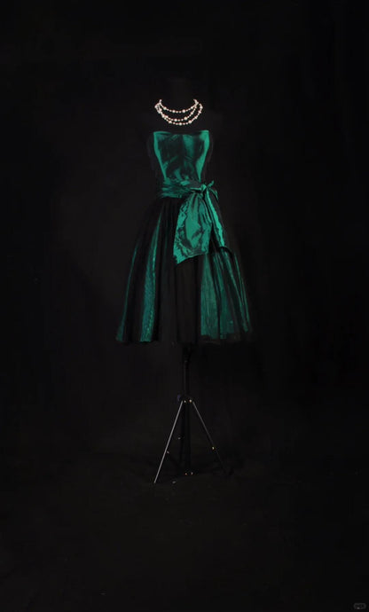 Retro Green Strapless Satin A Line Short Graduation Homecoming Dress,Mini Party Dress With Bow D3324