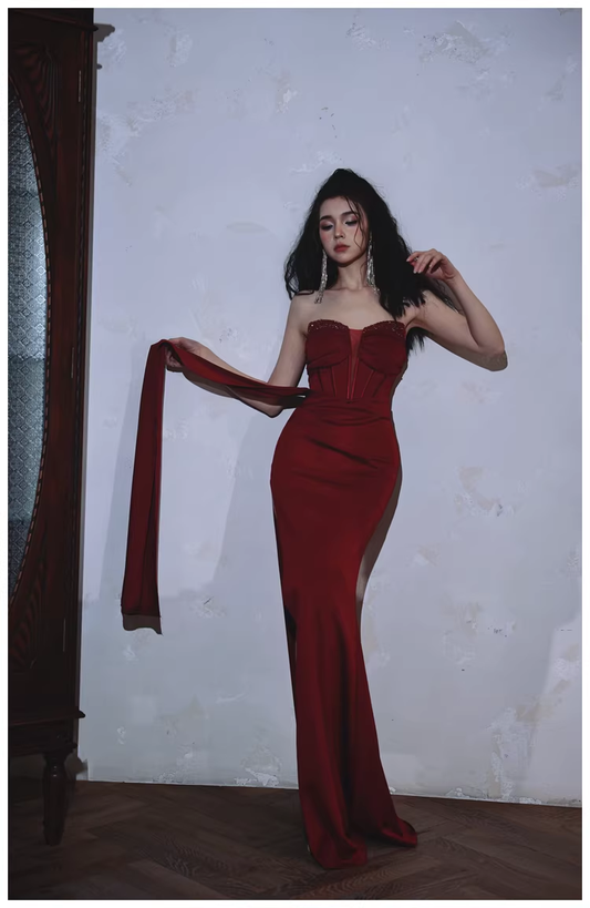 Sexy Burgundy Strapless Satin Pleated Slit Long Evening Dress Formal Wedding Guest Dress D2441