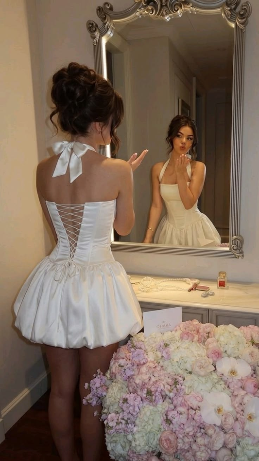 Sexy Halter Satin A Line Short 6th Grade Homecoming Dress,White Short Prom Dress D3403